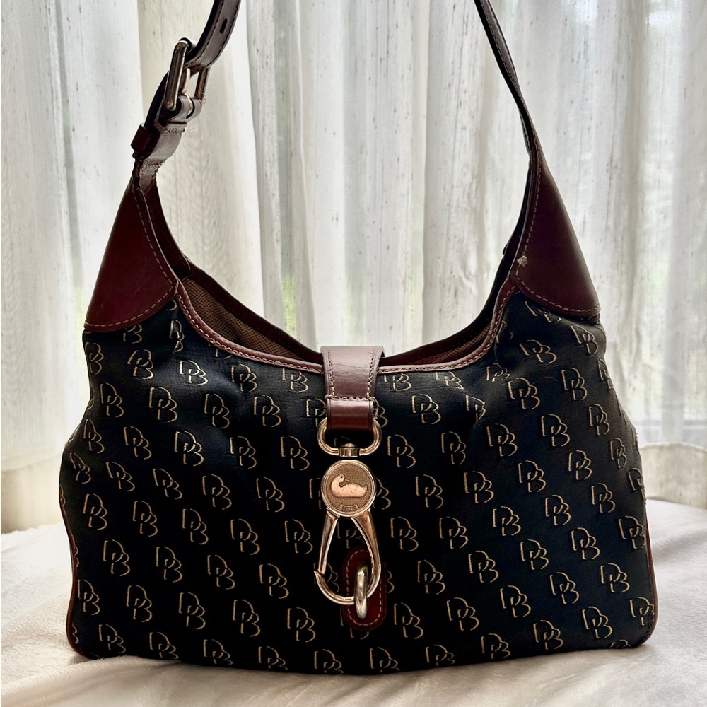 DOONEY & BOURKE Black and Brown Monogram Shoulder Bag with Clip
